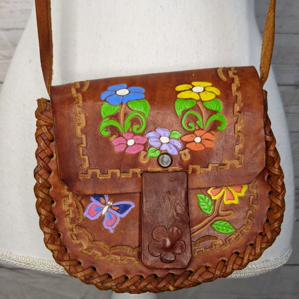 Painted Flower Leather Hippy Crossbody Purse